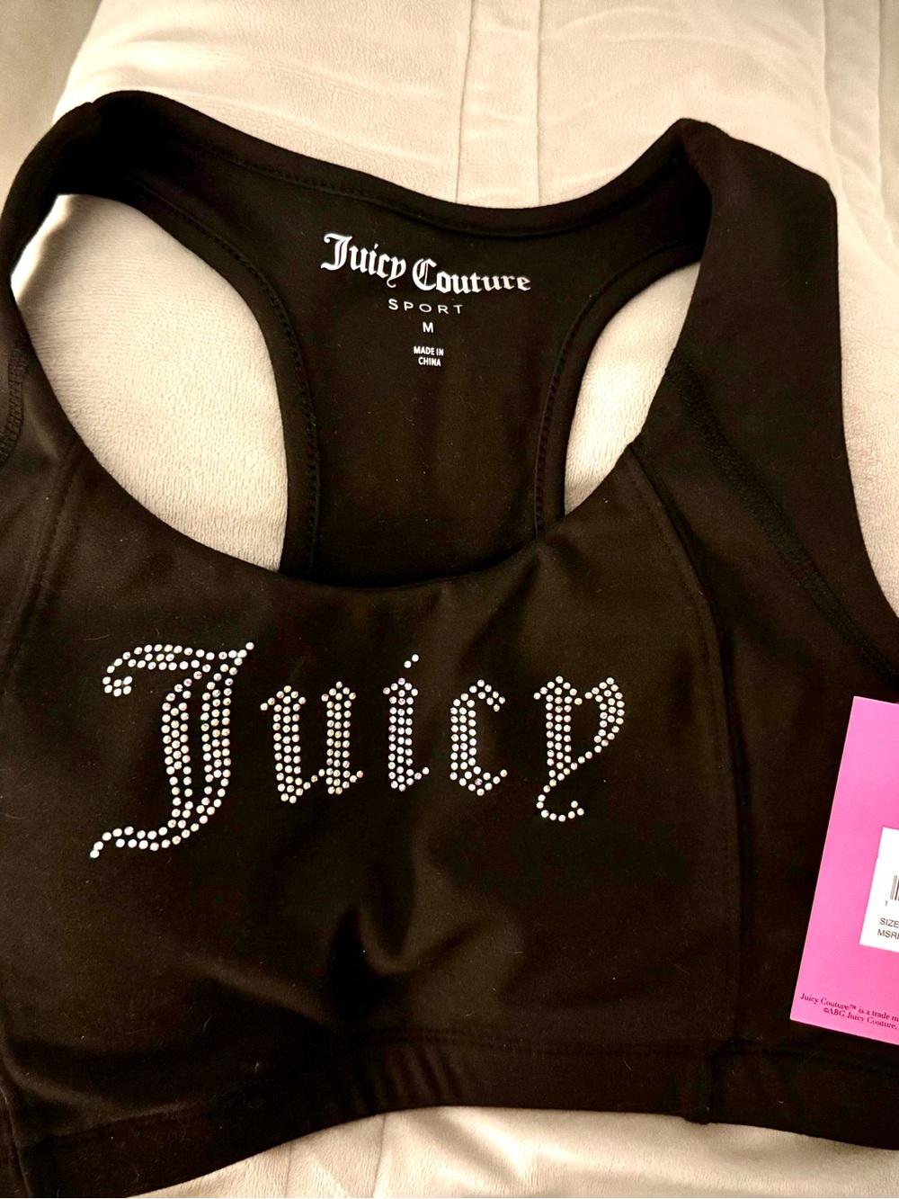 NWT $38 Juicy Couture Black Rhinestone Logo Racerback Sports Bra medium
